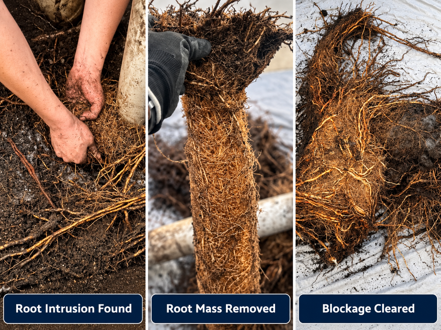 Root intrusion found, root mass removed, and drain blockage cleared