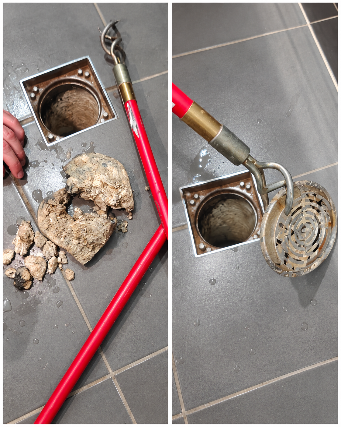 Floor drain blockage removed during drain clearing work