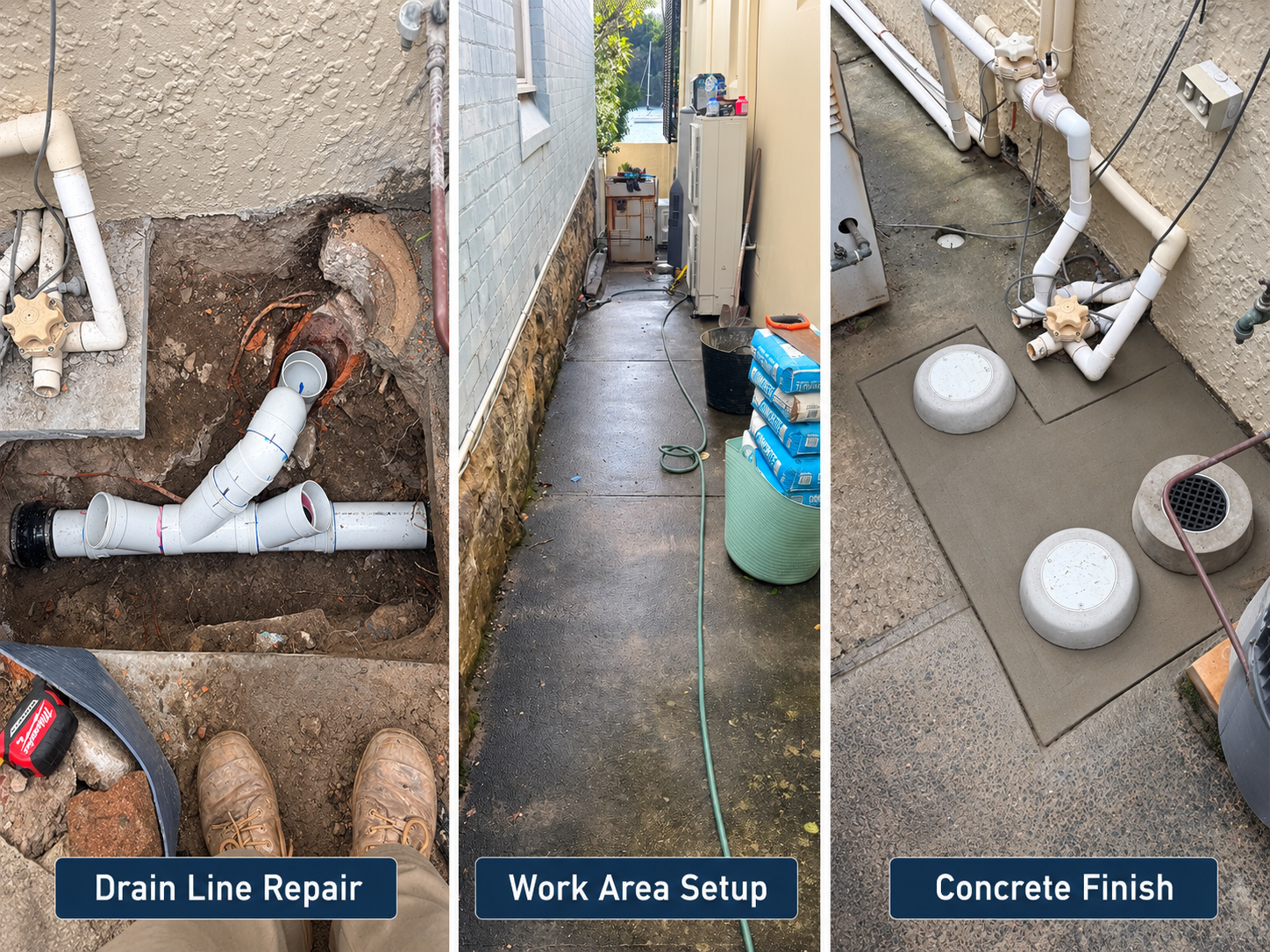 Drain line repair process showing pipe repair, work area setup, and concrete finish